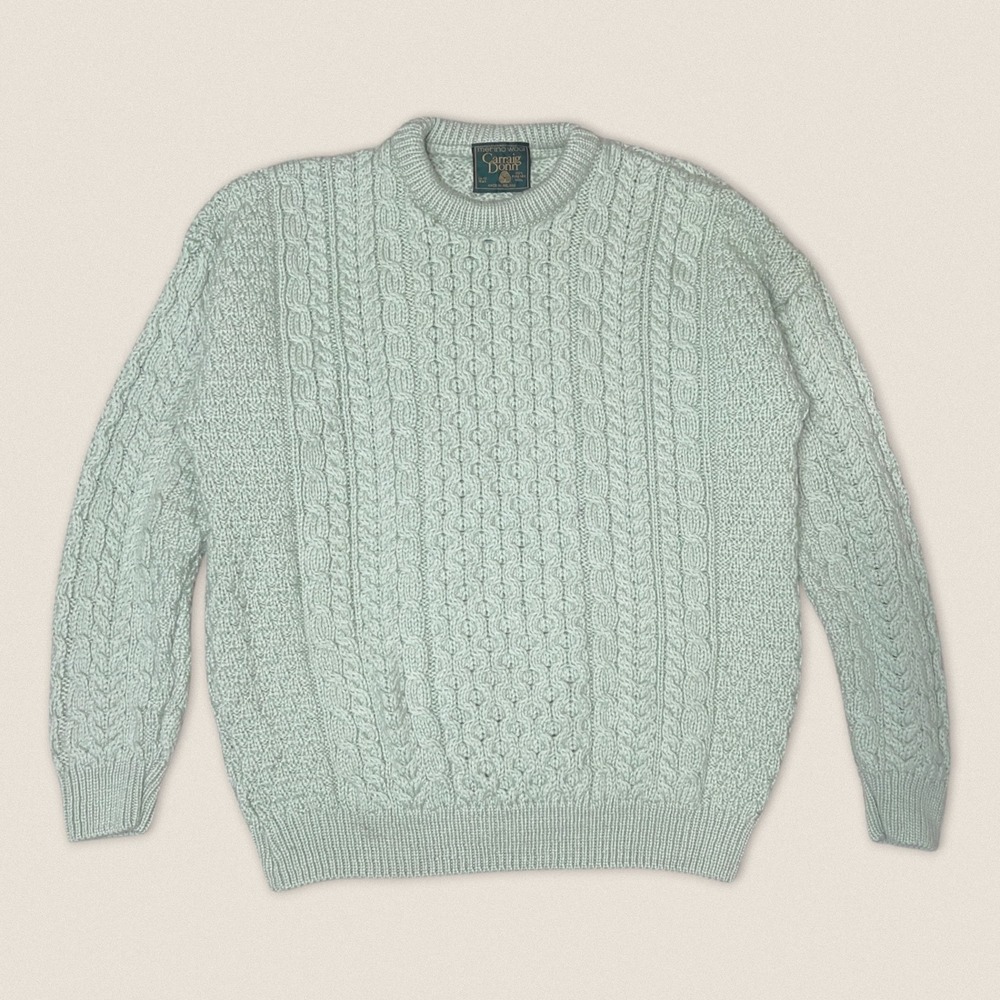 Vintage Carraig Donn Merino Wool Aran Cable Knit Sweater Mint Green - Mens Large